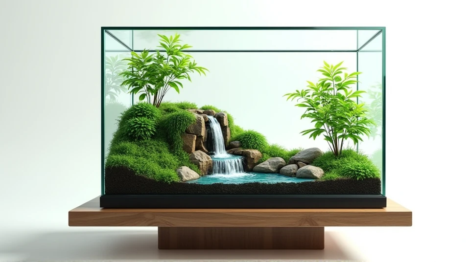 create a detailed image of a rectangular glass terrarium that is wide, contains a small natural waterfall made of stones, must have a thick black lid and base, must be on a surface made of wood.
the background must be white