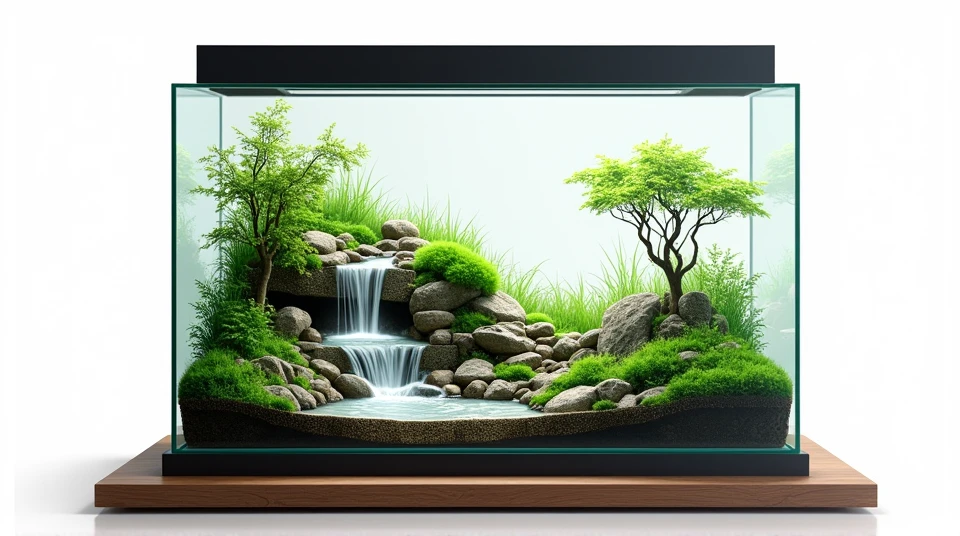 create a detailed image of a rectangular glass terrarium that is wide, contains a small natural waterfall made of stones, must have a thick black lid and base, must be on a surface made of wood.
the background must be white