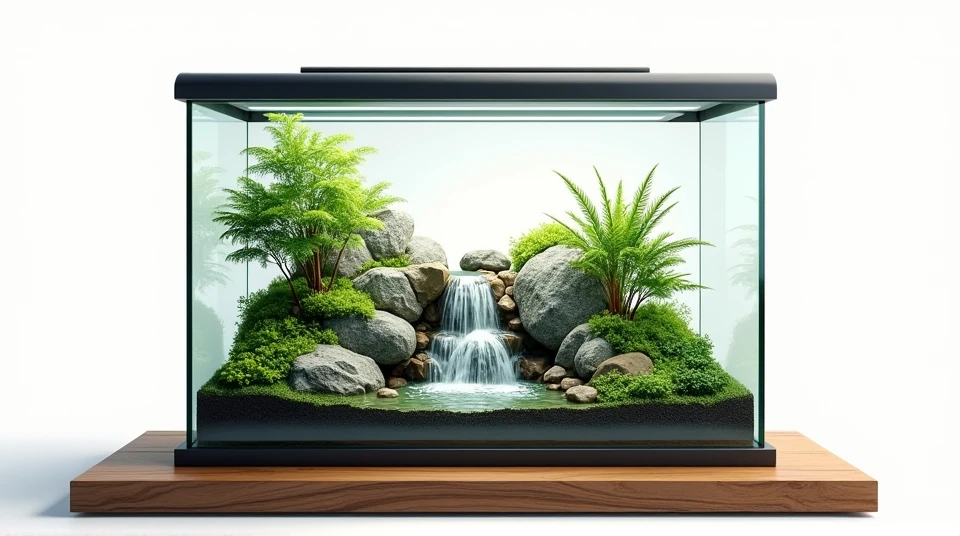 create a detailed image of a rectangular glass terrarium that is wide, contains a small natural waterfall made of stones, must have a thick black lid and base, must be on a surface made of wood.
the background must be white