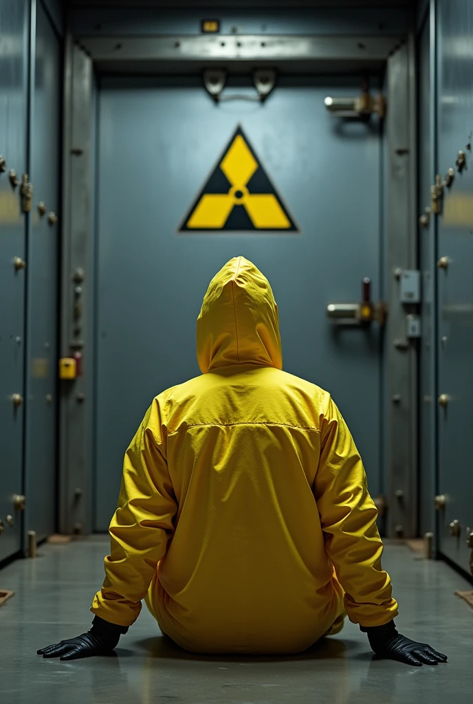 The thumbnail depicts a person, presumably a man, sitting in front of a large metallic door with a prominent radiation hazard symbol on it. The person is wearing a yellow hazmat suit with black gloves and has a serious or concerned expression on his face. The background appears to be a metallic, industrial setting, possibly representing a hazardous or contaminated area. The image conveys a sense of danger or risk, likely related to radiation or toxic materials.
And leave the area where man sit