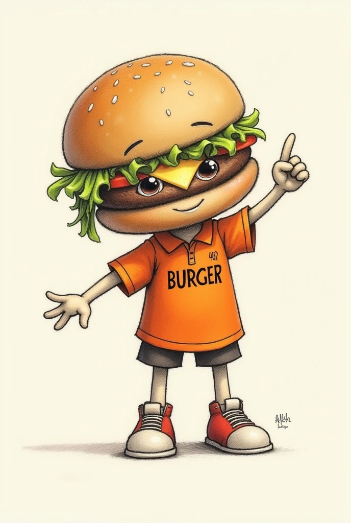 Design a doll with the ingredients of a hamburger, where the ingredients form his eyes, he has a polo shirt that says 402 BURGER and is making the gesture of pointing at his shirt , with urban style and orange color that is genderless that is a pencil drawing 