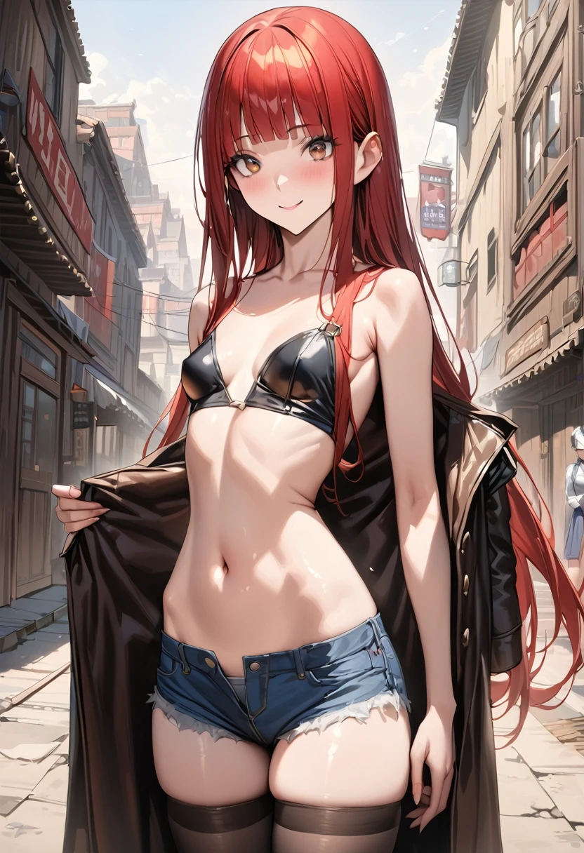 ((masterpiece,best quality anime,Highest quality:1.3)),realistic,cowboy shot,(30 year old beauty),gunslinger,1woman,独奏,((very small head:1.4)),((very long body:1.3)),(red hair),bangs,straight long hair,gorgeous big eyes,brown eyes,smile,((Black leather long coat))、(Wearing a black collared shirt、navel、Denim micro shorts, black_thighhighs),((slender body:1.3,skinny)),small breasts,gleaming skin,shiny skin,Western cityscape、The World of Westerns、