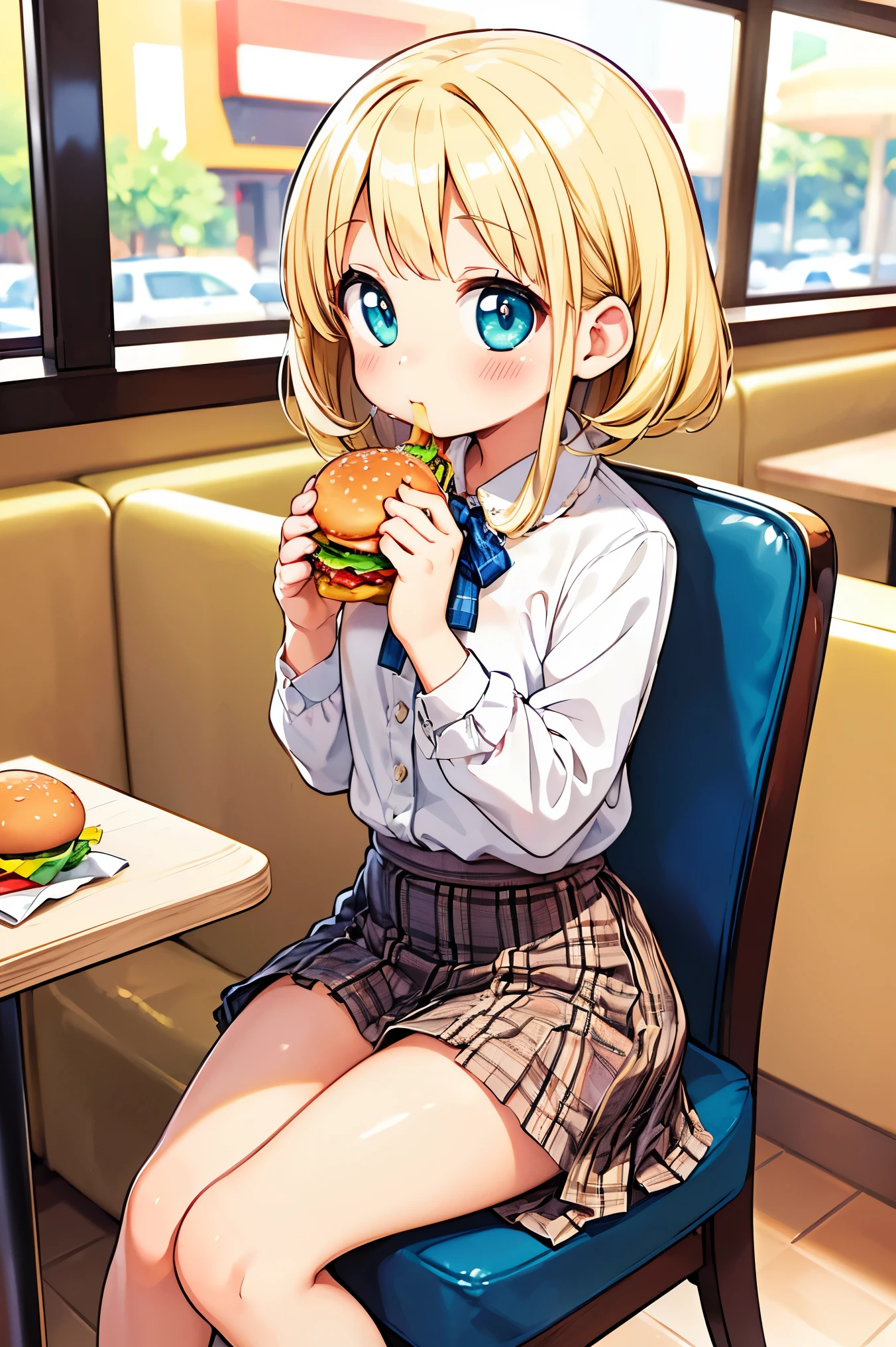 Beautiful illustration, best quality, cute girl, ((In a fast food restaurant)), pastel color, natural tones, ((Blonde hair)), ((Tight clothes)), ((White blouse)), ((Tartan skirt)), ((Sitting on a chair)), ((Looking at viewer)), ((Slim body)), ((Eating a burger)), (Blush), bright lighting, ((Big eyes)), ((Perfect hands))