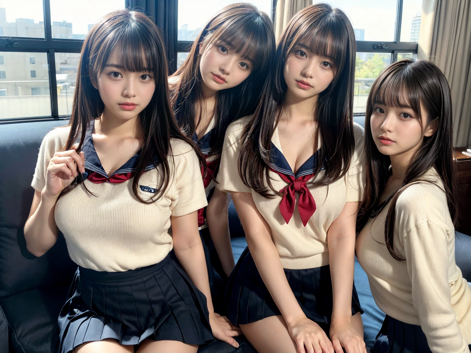 masterpiece, best quality, illustration, Super detailed, fine details, High resolution, 8K,wall paper, perfect dynamic composition,(Details High quality, realistic depiction of eyes:1.3), (3 girls), Black Sailor Uniform, serafuku, Navy pleated skirt, sitting, open legs, short bob hair, in a hotel room in the background, deep on field, large breasts, black hair color, Big Natural Color Lip, (perfect body shape), crying a little、Harajuku style、20 year old girl、cute type、beautiful legs, Gravure Idol