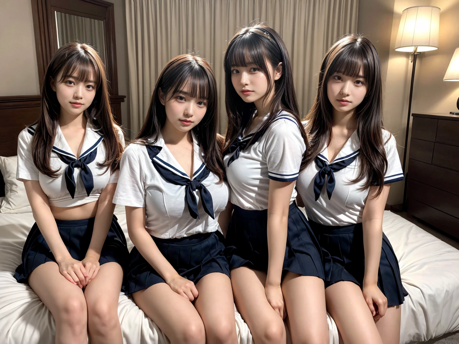 masterpiece, best quality, illustration, Super detailed, fine details, High resolution, 8K,wall paper, perfect dynamic composition,(Details High quality, realistic depiction of eyes:1.3), (3 girls), Black Sailor Uniform, serafuku, Navy pleated skirt, sitting, open legs, short bob hair, in a hotel room in the background, deep on field, large breasts, black hair color, Big Natural Color Lip, (perfect body shape), crying a little、Harajuku style、20 year old girl、cute type、beautiful legs, Gravure Idol