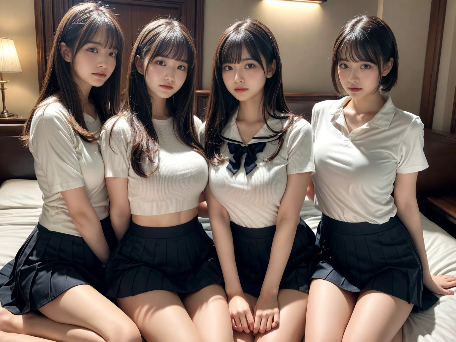 masterpiece, best quality, illustration, Super detailed, fine details, High resolution, 8K,wall paper, perfect dynamic composition,(Details High quality, realistic depiction of eyes:1.3), (3 girls), Black Sailor Uniform, serafuku, Navy pleated skirt, sitting, open legs, short bob hair, in a hotel room in the background, deep on field, large breasts, black hair color, Big Natural Color Lip, (perfect body shape), crying a little、Harajuku style、20 year old girl、cute type、beautiful legs, Gravure Idol