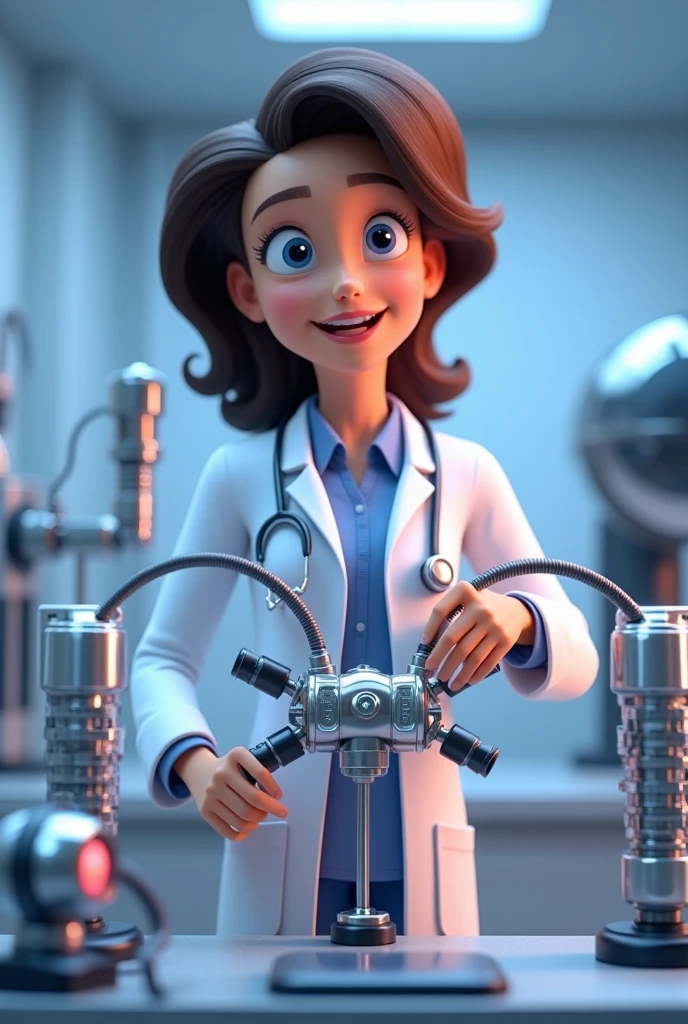 Animated style image of a doctor showing hair treatment machinery