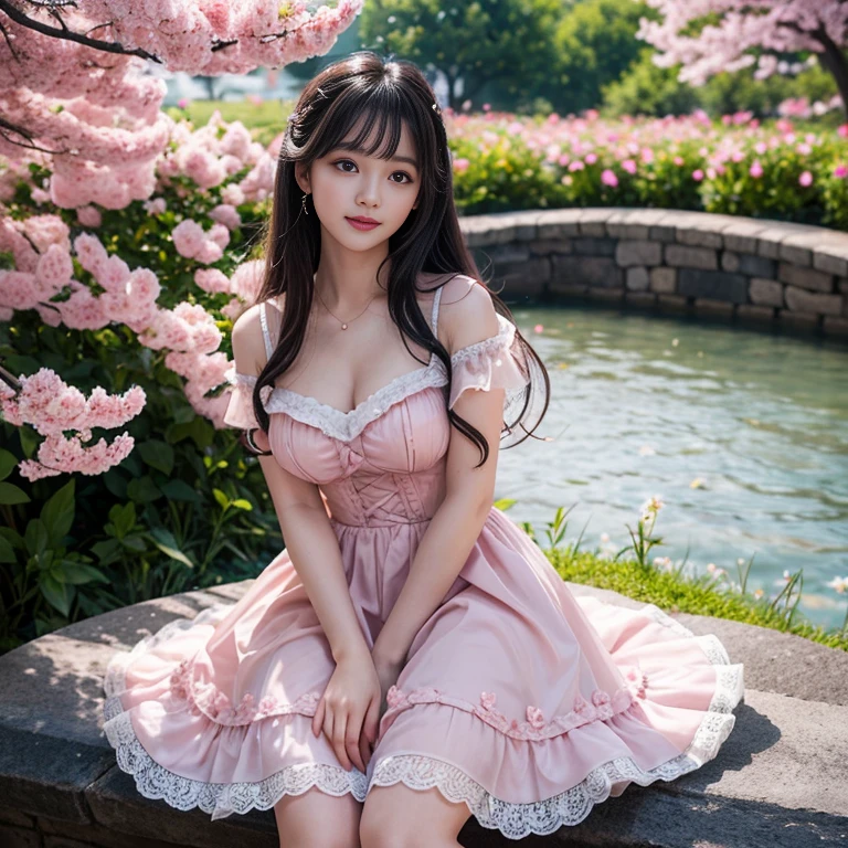 best quality, Delicate face,beautiful visual work, lifelike, eternity, black hair, Long curly hair, blunt bangs, Smile, Detailed Background, Delicate face,blush,cold,((masterpiece))、(top quality)、8k、high detail、Super detailed,31-year-old female, masterpiece、born、Scenes resembling fairy tale illustrations、intricate details和複雜的設計、Beautifully、magic、capricious、 Beautifully、Dream aesthetics、「𝓡𝓸𝓶𝓪𝓷𝓽𝓲𝓬、ethereal、charming、fickle、magic」、realism、Visual effects、FXAA、SSAO、Shader、voiceless、ambient lighting、Tone mapping、High resolution、Ultra high quality、Million pixels、(8K resolution:1.10)、8k、8k以下、8K resolution、high detail、intricate details, (high quality:1.2、masterpiece:1.2、:1.21)、(21 years old female:1.21)、(興奮地Smile)、(Surrounded by a dreamy atmosphere、Model diagram,full-body shot,Normal 2 feet,Put your hands behind you,The protrusion of the breast is visible when wearing clothes, Cherry blossoms:1.3, Wear a LOLITA dress, layered dress, Pink lolita skirt, lots of lace