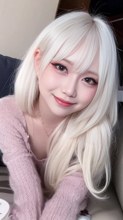 Best image quality、RAW photos、Ultra-high resolution、21 years old South Korean、、Dynamic Angle、、The most beautiful chaos、elegant、Brutalist design、Beautiful white hair、Vibrant colors、Short Bob、Smile、pleasure、Smile、Brightens skin、beautiful eyes of random colors、Thin lips、Beautiful eyes in every detail、long, Squinting、Light pink blush、long eyelashes、Beautiful double eyelids、Eyeshadow、Bright white hair、sofa、Large summer thin sweater、lie、full-body shot、full-body shotする、open air、Secret Realm、bar、night 、Night view