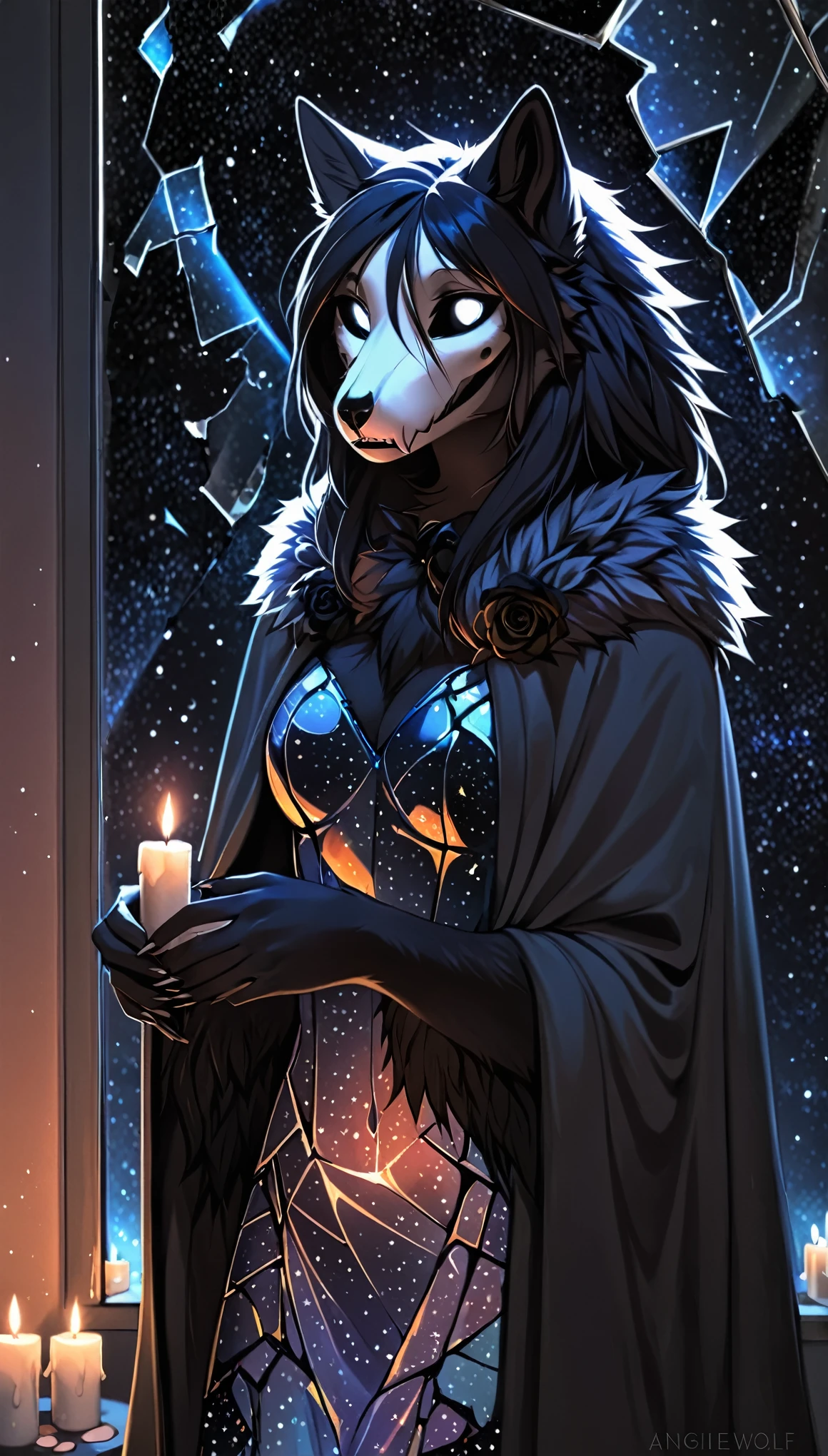 (by Angiewolf), best quality,
 high resolution, detailed body, hi res, absurd res, 1woman, furry, anthro, (SCP-1471, MalO, female, MalO body, Canine scull), (clothed, dressed, wear spackled dress, Coat:1.2), (long Royal fur Mantle:1.5), athletic, black straight hair, long haircut, black fur, detailed fur, cute hands, detailed hands, (broken mirror, darkness and space, background of the cosmos of night and stars), detailed light, night color pallet, night pastel soft light, candles, holding black rose, mammal, three-quarter portrait
standing