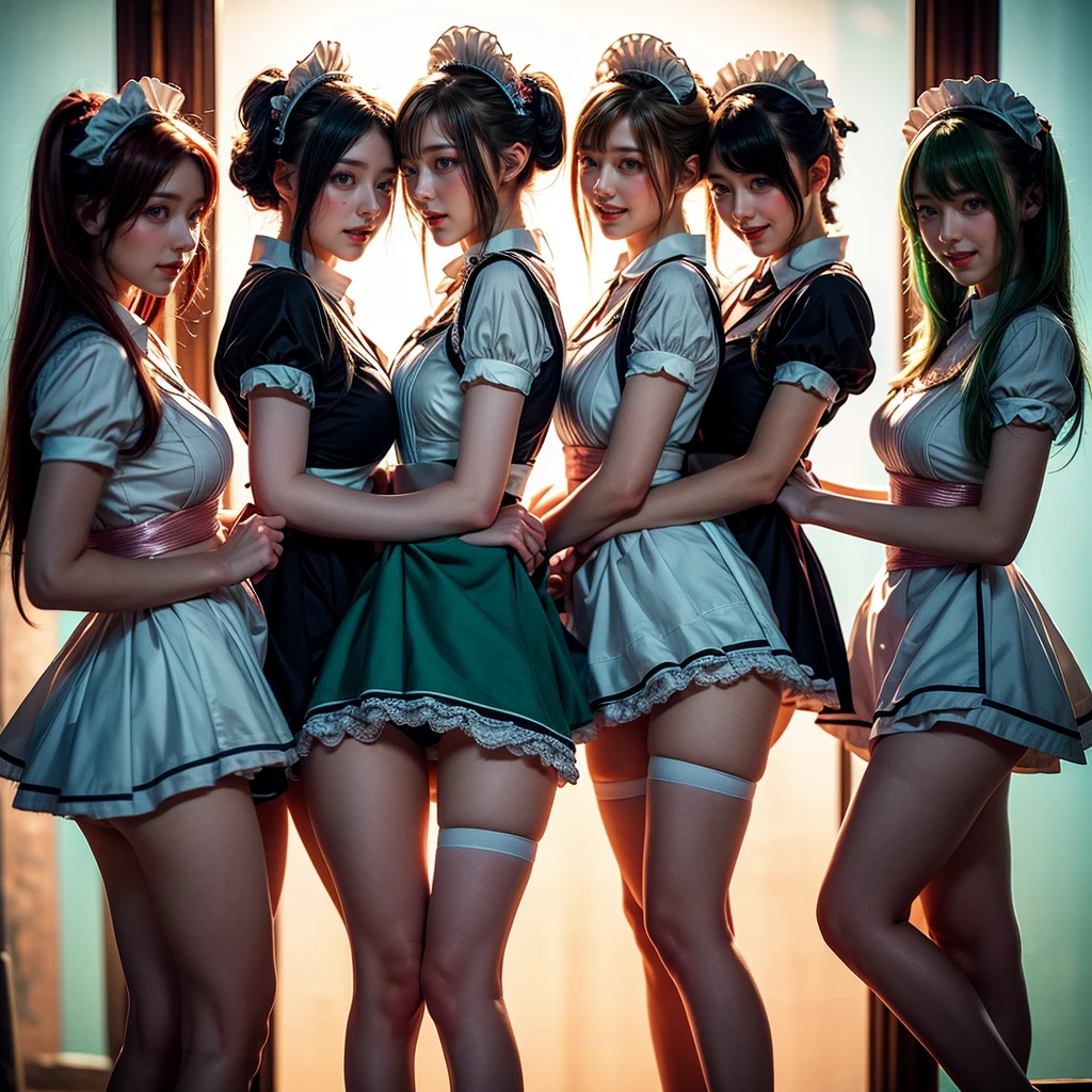 (Full Body of Extremely Detailed((Kawaii Maid Group in a row:1.37))), Childish perfect face, Reflective Eyes, Detailed(Delicate Clothing textures), Correct Leg Line, Dynamic Joyful Expressions LifeLike Rendering, Specular Reflection, TopQuality 8K Ultra-detailed masterpiece (ProfessionalPhoto:1.37), (Acutance:0.8), (Luminism:1.28), (Renaissance art style), Colorful Light particles, ((Full body from side)), {MicroMini(SkirtLift)|Kissing|Breast Lifting|Undressing|Thigh Gap}, Radiant Fine Skin with Transparency, (Exposed:0.5), (Different types of Anime hair color){Green Hair|Pink Hair|Light Blue Hair}, Perfect Lighting