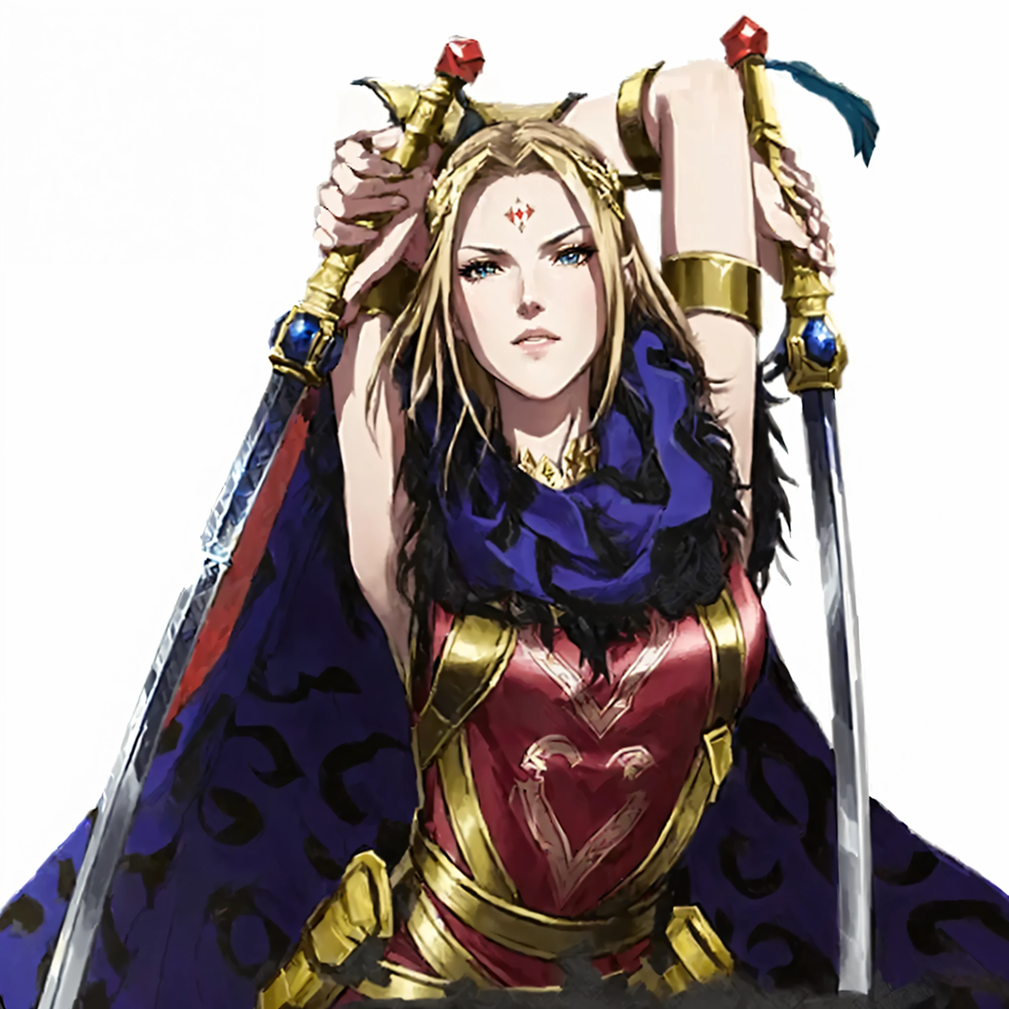 a close up of a woman with a sword and a cape, she is holding a sword, holding a sword on her shoulder, natalie from epic battle fantasy, portrait knights of zodiac girl, a very beautiful berserker woman, isolde, with large sword, edelgard from fire emblem, knights of zodiac girl, official art, oda non, official character art