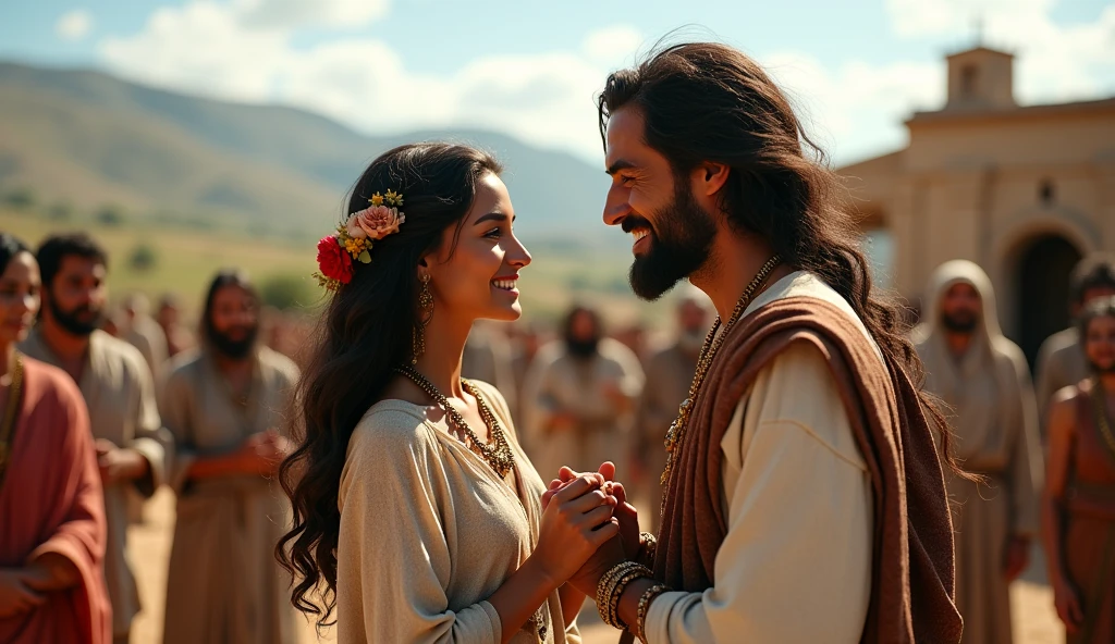 (best quality: 1.4), (Ultra Highres: 1.2), (photorealistic: 1.4), (8k, RAW photo: 1.2). The description of the Samaritan woman's physical appearance is not detailed in the biblical narrative, but her Samaritan origin suggests that she probably had similar characteristics to other people in the region, the story of the Samaritan woman, she is marrying a rustic-looking man, they are happy