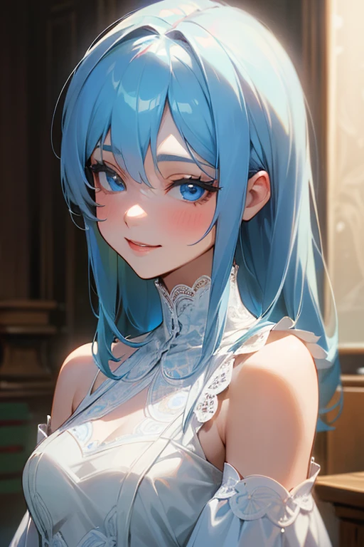(masterpiece: 1.2, Highest quality), (Actual Photos, Intricate details), 1. woman, alone, Upper Body, casual, Shoulder-length hair, Minimal makeup, Natural materials, Face close-up, smile, Home, (Light blue hair).blue eyes, Shoulder Bare、Smiling with teeth showing、(In the gap between my breasts).((Kiss with your eyes closed)).((Lace clothes)).((sexy)).