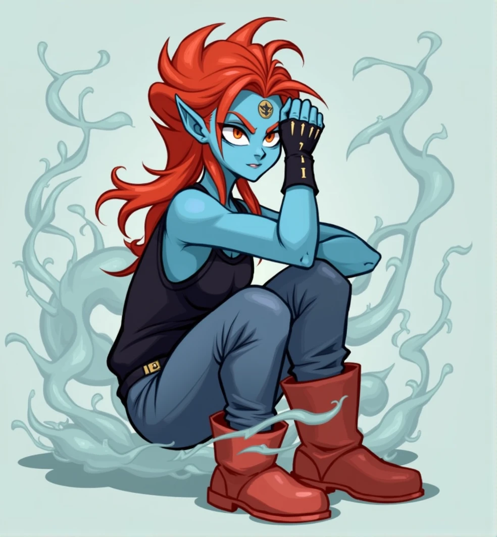 1girl, solo, undyne the undying, blue skin, black t-shirt, red hair, horsetail, woman, fishy,