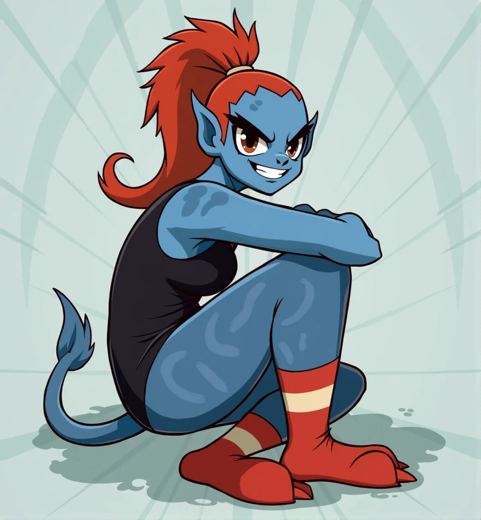 1girl, solo, undyne the undying, blue skin, black t-shirt, red hair, horsetail, woman, fishy,
