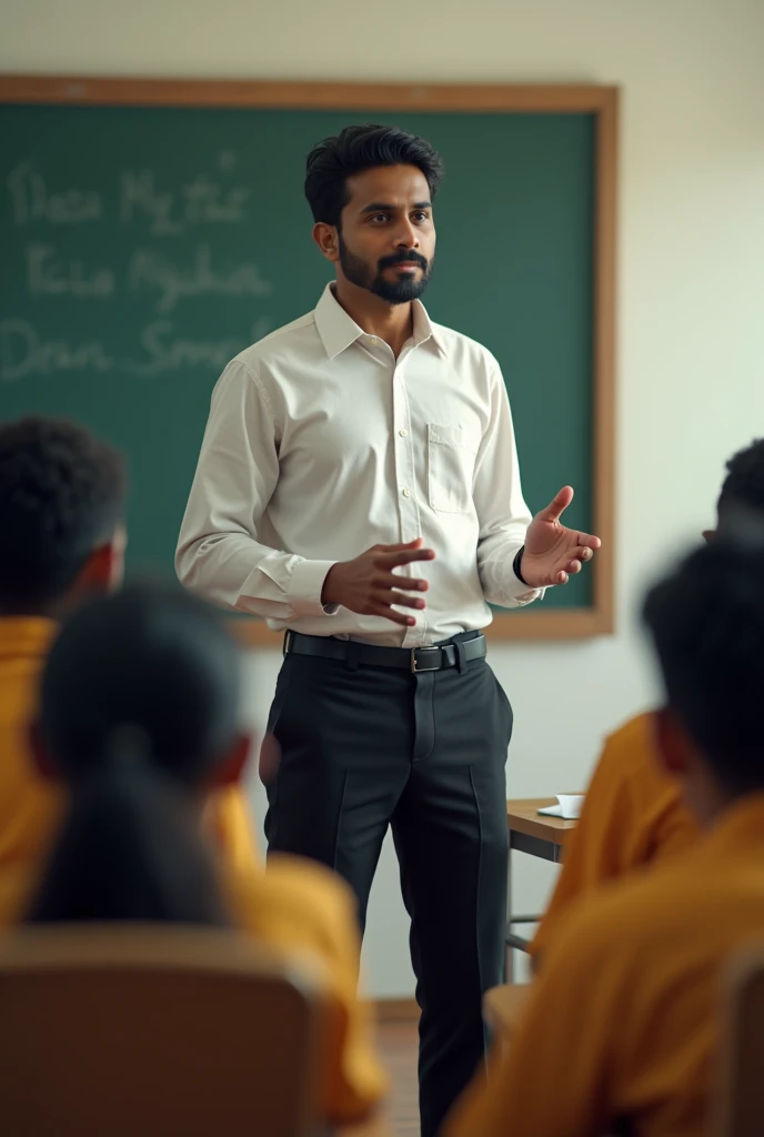 A male Indian school teacher teaching practical seating wear black pants similar teacher in side angle poses 