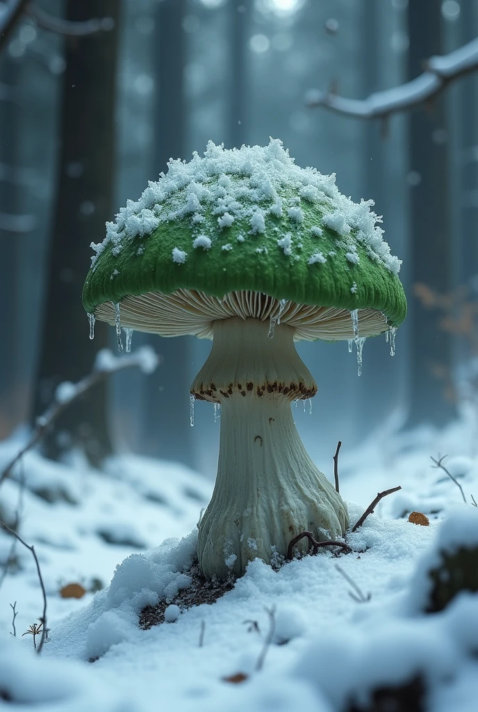 poisonous mushroom in a dark forest, frozen and full of snow