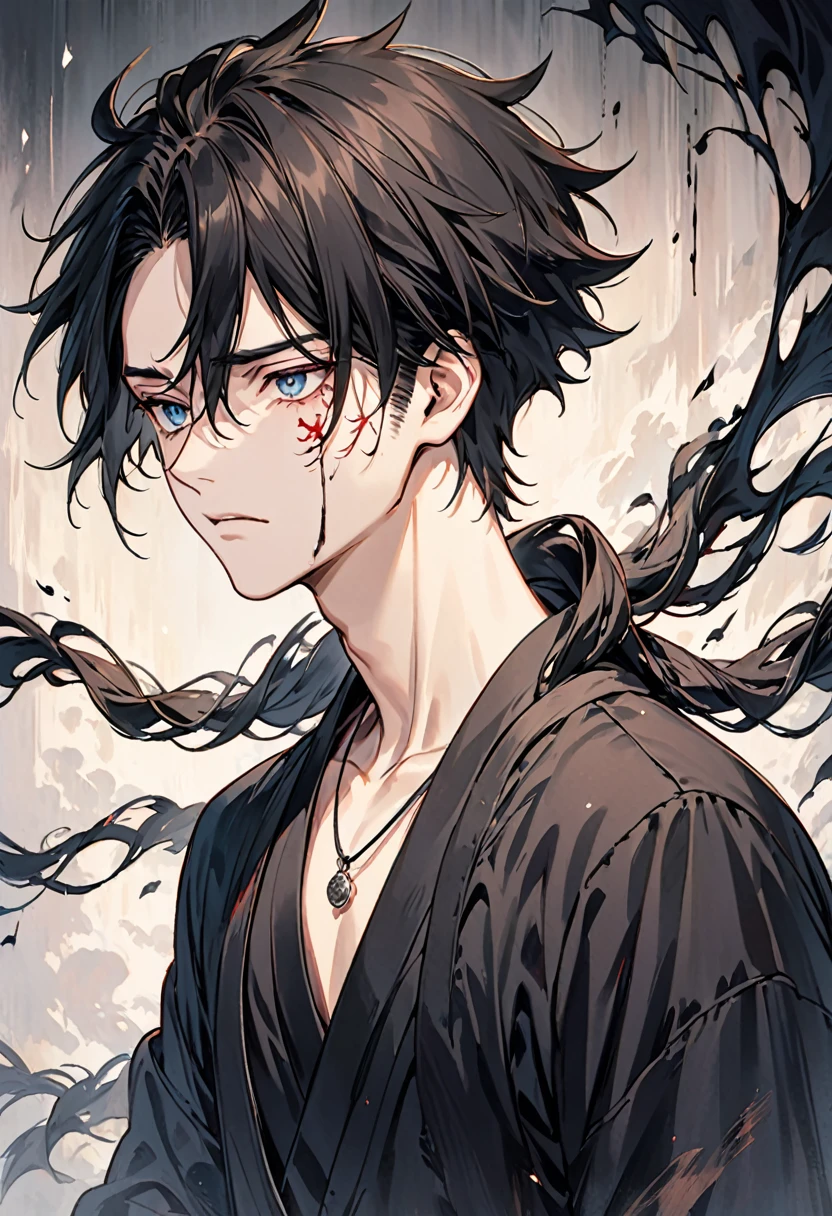A 28-year-old Asian male with a dark and twisted background. He has a sharp facial structure with a melancholic yet intense expression. His eyes are narrow, reflecting emptiness and pain, but occasionally show unexpected gentleness. His hair is slightly messy, jet-black, with a few strands falling over his forehead as if hiding part of his identity. He wears a dark, modern outfit—perhaps a black shirt or jacket—tainted with subtle stains or tears, hinting at a troubled past. A small necklace hangs around his neck, carrying deep personal meaning. His posture is usually reserved, quiet, and introverted, but when his darker side emerges, his demeanor shifts, revealing an aura of anger and sorrow. The background should be dimly lit, emphasizing the character’s internal conflict, with shadows that almost seem alive, representing his haunted past."