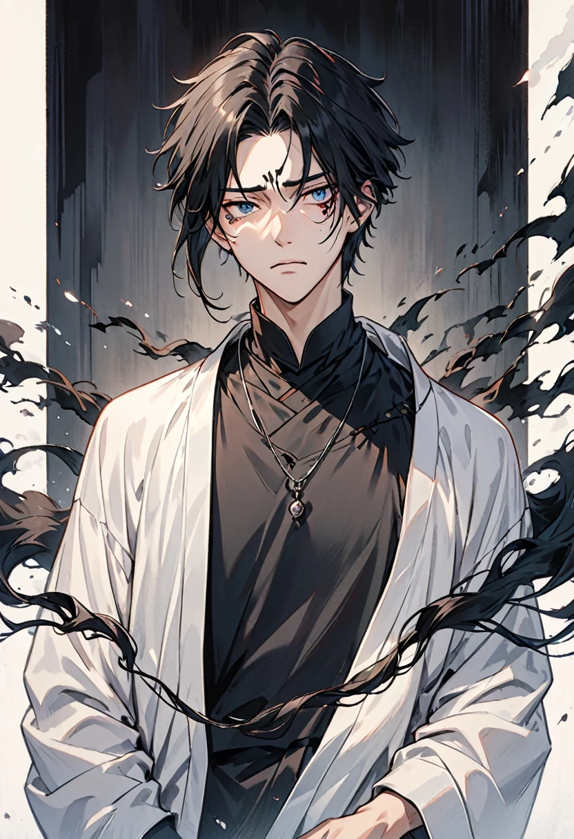 A 28-year-old Asian male with a dark and twisted background. He has a sharp facial structure with a melancholic yet intense expression. His eyes are narrow, reflecting emptiness and pain, but occasionally show unexpected gentleness. His hair is slightly messy, jet-black, with a few strands falling over his forehead as if hiding part of his identity. He wears a dark, modern outfit—perhaps a black shirt or jacket—tainted with subtle stains or tears, hinting at a troubled past. A small necklace hangs around his neck, carrying deep personal meaning. His posture is usually reserved, quiet, and introverted, but when his darker side emerges, his demeanor shifts, revealing an aura of anger and sorrow. The background should be dimly lit, emphasizing the character’s internal conflict, with shadows that almost seem alive, representing his haunted past."