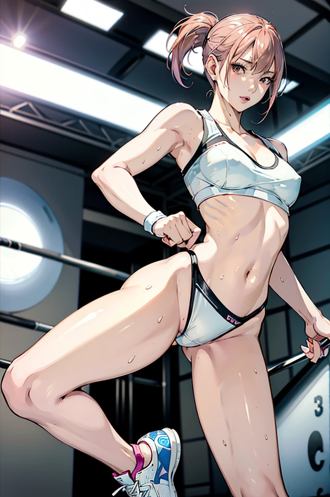 An ultra-detailed full-body illustration, style of 1980s Japanese comics, 8k resolutions, 1girl, solo, Sharp Focus, slender leg, Characterize by alluring, The character has striking pink hair, Perfect Figure with pale skin and a slender physique. she soaking wet, She is training intensely in a boxing ring, wearing white mesh crop-top with no bra, white sheer t-back bikini with no pant, black open-finger boxing gloves, and sneakers, bra comes off, nipples, highlight breast, wet clothes, wet body. The scene is vibrant with retro colors and dynamic lines, capturing the intensity of her workout while blending a sporty, fashionable, and retro aesthetic.