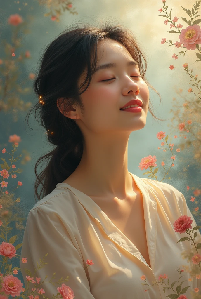 An East-Asian woman with closed eyes enjoying chamber music, adagio, semi-classical music in a soft, gentle, bright, and calm manner, depicted with vivid textures, photographic images, abstract elements, and colorful visuals, without any text, with a touch of mystery.