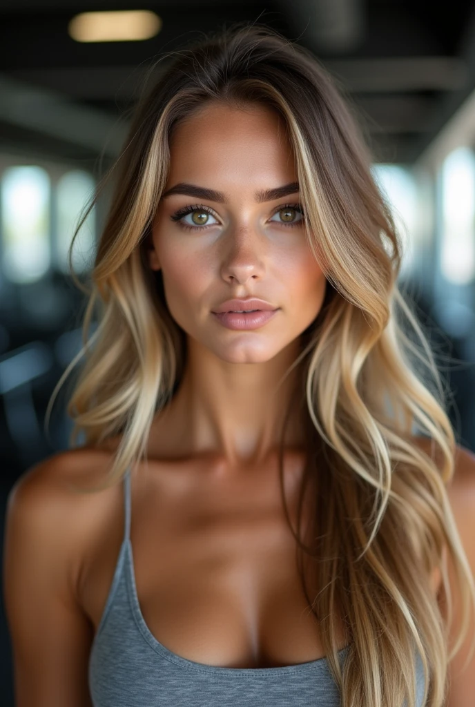 Young 21 year old brunette woman photographed from the front, brown eyes, (blonde long hair), realistic and Detailed face, Beautiful woman, , Detailed face, Beautiful realistic model, long hair, Athletic body, Sexy, Photorealistic, selfie, 4K, natural, detailed skin, warm color tone, Photo in a gym, no tattoos, detailed settings with benches and dumbbells, puffy cheeks, small forehead