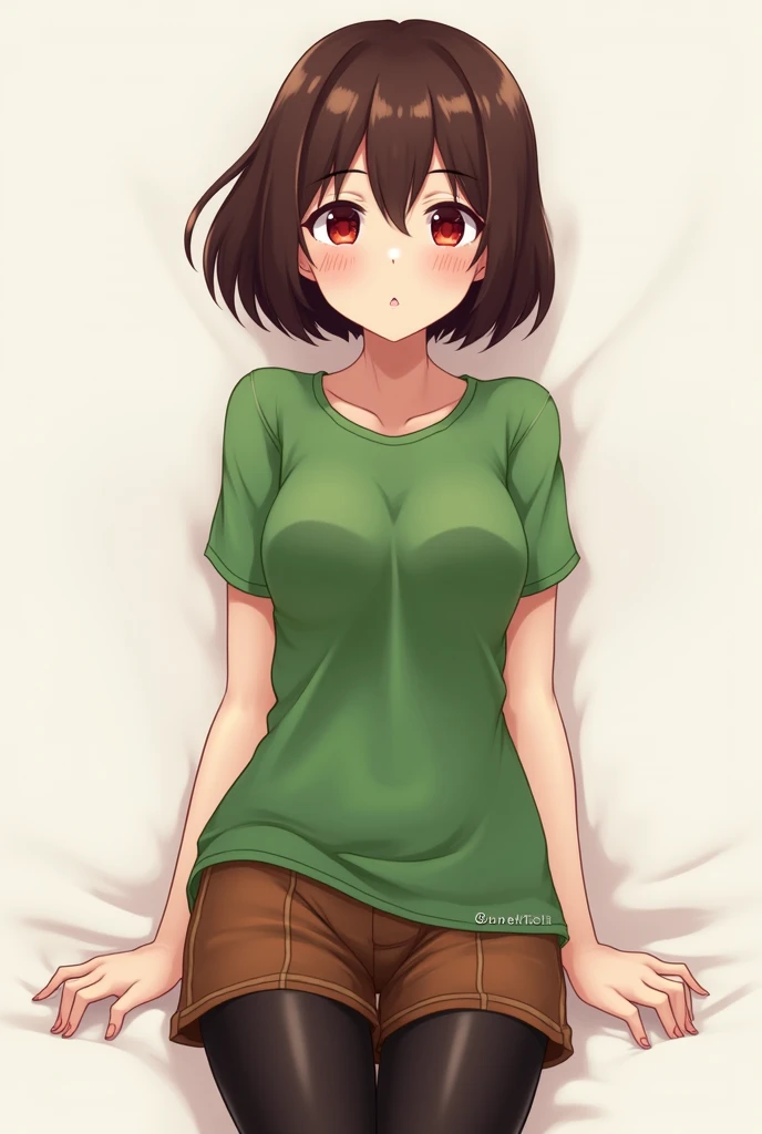 ((best quality)), ((masterpiece)), (detailed), Undertale Chara, brown hair, (brown shorts: 1.3), bob cut, short hair, black pantyhose, (green shirt: 1.3), red eyes, (1girl: 1.3), (solo: 1.3), stripes, tetas con una altura de 2 y 1.0 centimeters y un grosor de 1.0 centimeters