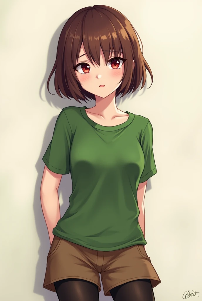 ((best quality)), ((masterpiece)), (detailed), Undertale Chara, brown hair, (brown shorts: 1.3), bob cut, short hair, black pantyhose, (green shirt: 1.3), red eyes, (1girl: 1.3), (solo: 1.3), stripes, tetas con una altura de 2 y 1.0 centimeters y un grosor de 1.0 centimeters