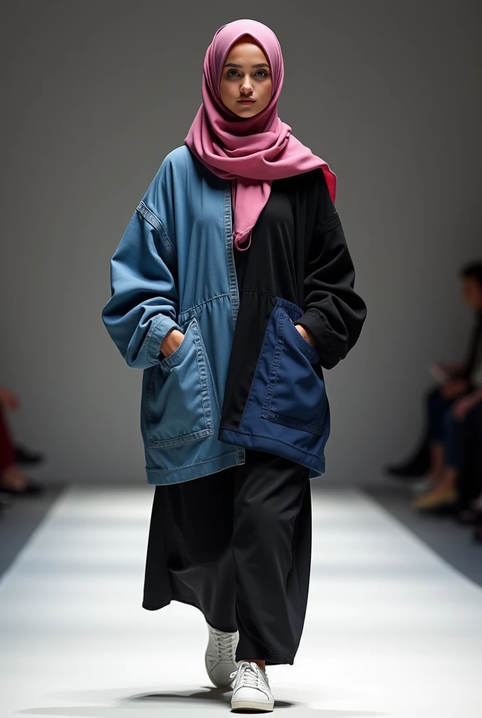 Girl walking on the catwalk , stylish cotton clothing for muslim women, the color of the clothes is blue, turning into black, with big pockets , the silhouette does not fit the figure , the clothes are very loose and closed with patterns , The girl has a pink scarf on her head and Adidas sneakers on her feet