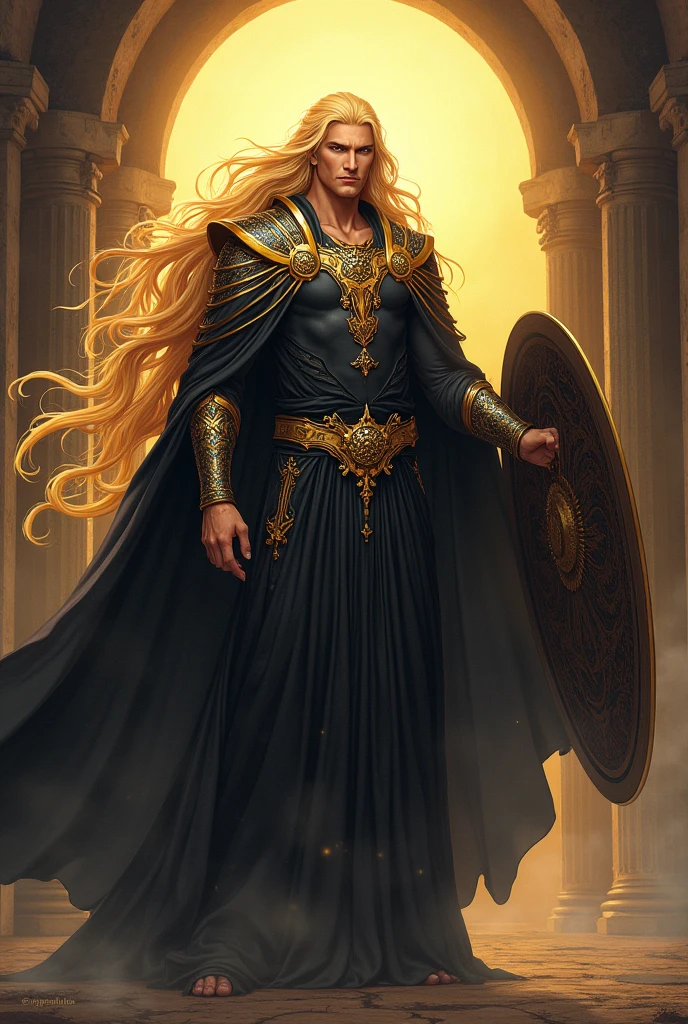 God, God der Nacht, tao, gold eyes, Golden hair, black colored clothes, chiseled face, Antiquity, armed with shield and shield, Anime Style