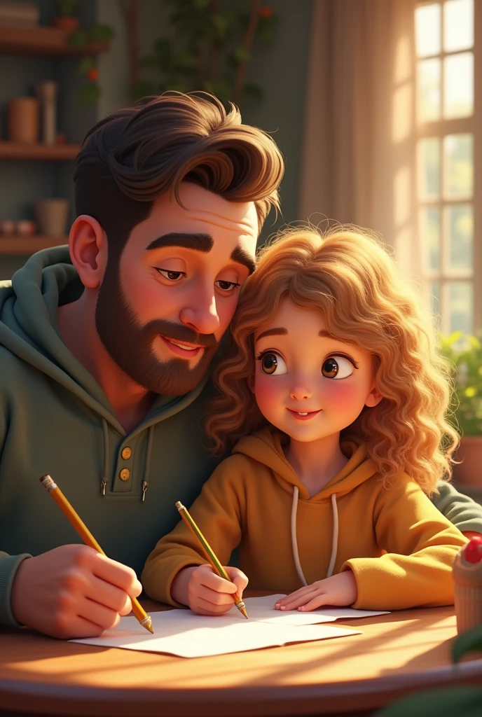 30-year-old dad teaches Galician daughter with golden curly hair how to write