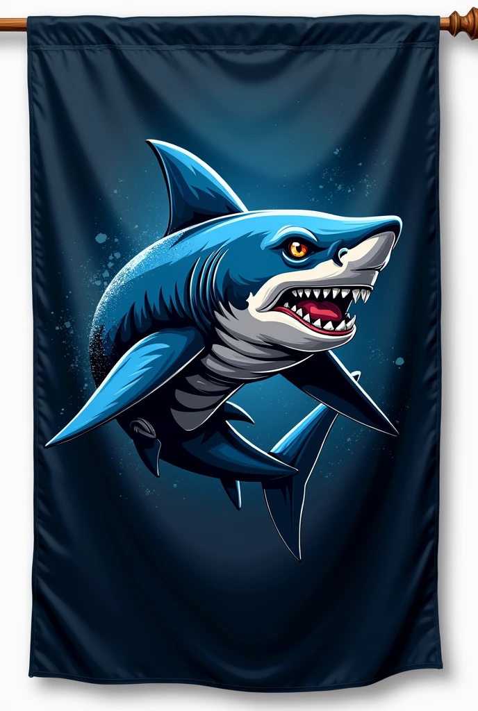 Sports team flag with black and blue colors with a shark 