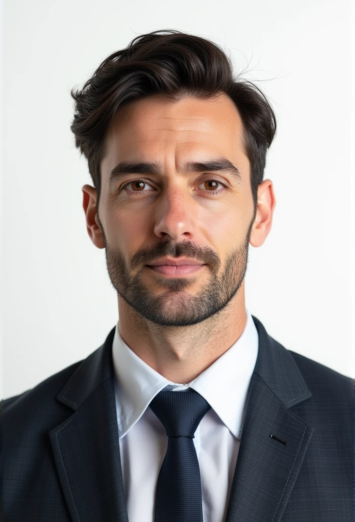 Create a realistic passport-style photo of a man in his 30s, with dark brown hair, a normal build, and light stubble. The man should be wearing a formal suit with a tie, and the background should be plain white, adhering to passport photo requirements. His hair should be short, with a typical military-style cut—slightly longer on top and shorter on the sides, but not too closely shaved. He should have a neutral expression, without smiling. The image should resemble a real photograph taken in a professional studio.