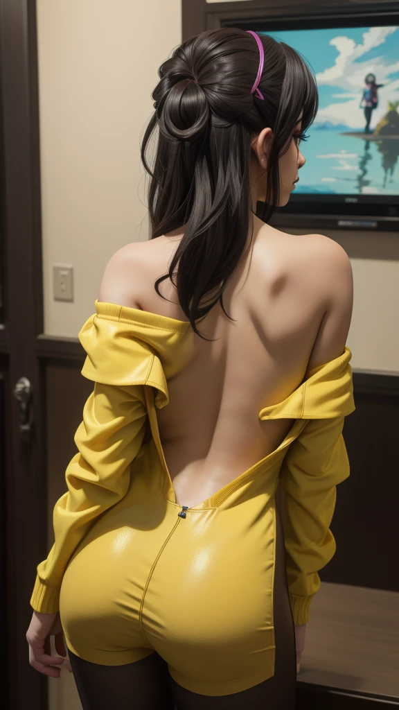 ((high detailed, best quality, 4k, masterpiece, hd:1.3)), ((best quality)), (((HD))), (((8k))), (ultraDH), (ultra HD), araffe in a yellow costume with a hoodie on, long black scene emo hair, anime girl cosplay, 🐿🍸🍋, anime cosplay, anime girl in real life, full-cosplay, Julzzess, ig model | JULES, better known as Julzzess, professional cosplay, cosplay, pikachu as a human, (breast focus), (arms outstreched:1.2), (from behind:1.3), (breasts out:1.3), (off shoulder:1.1), (goth makeup), (perfect hands, perfect anatomy)