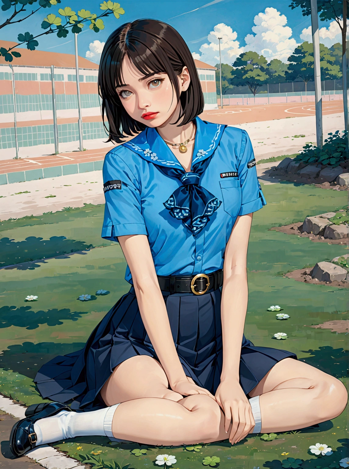 realistic anime illustration of pretty young girl, she is sitting cross-legged on school 's soccer field at sunny day, she has black shoulder length hair (+forehead, rolled up bangs), wearing pastel azure-blue short sleeves collared shirt, navy-blue neckerchief with white outline clover leaves pattern, navy-blue pleated pencil long skirt, black belt with gold circle buckle, white socks and black mary-jane shoes, (1girl, solo,full body), (masterpiece, best quality, japanese anime style), BREAK, (pastel azure-blue short sleeves collared shirt, navy-blue neckerchief with white outline clover leaves pattern, navy-blue pleated pencil long skirt, black belt with gold circle buckle, white socks and black mary-jane shoes)