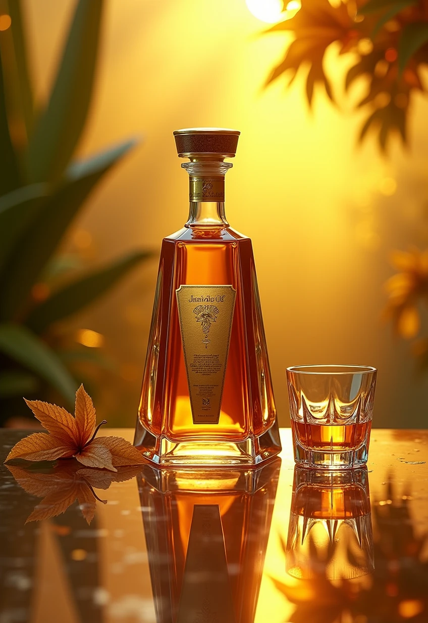 A tequila bottle with glass on a mirror surface with fresh gold nature sunny background Nouveau realistic