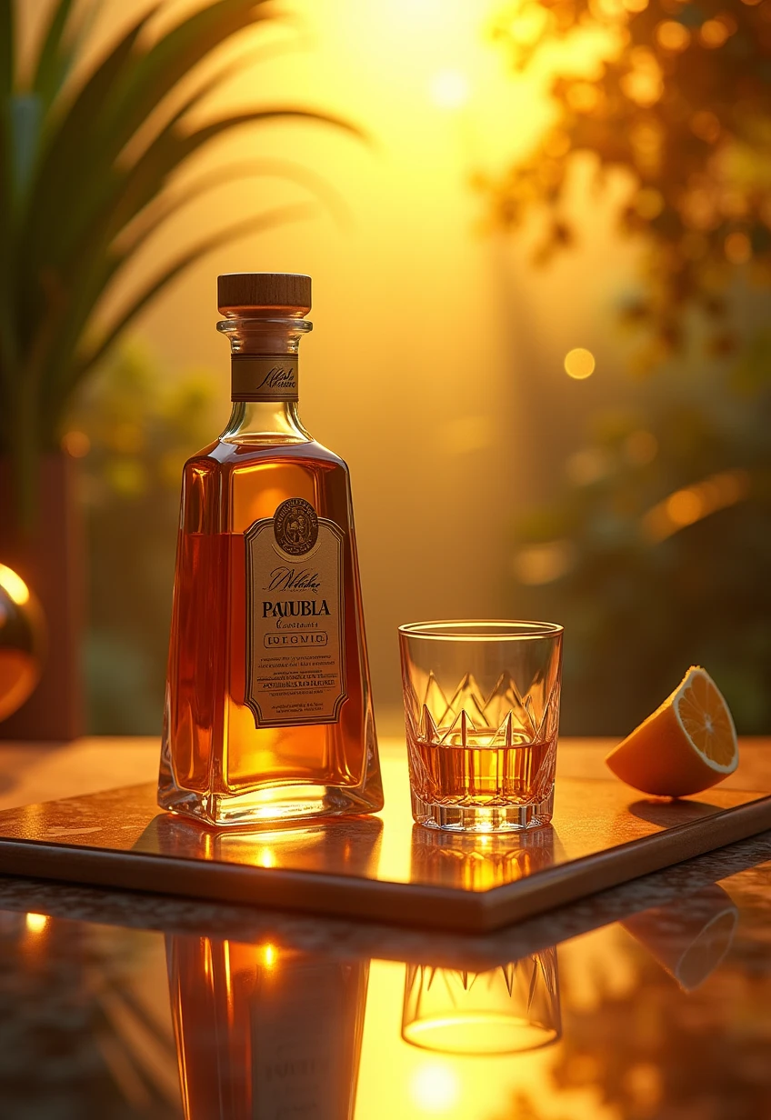 A tequila bottle with glass on a mirror surface with fresh gold nature sunny background Nouveau realistic