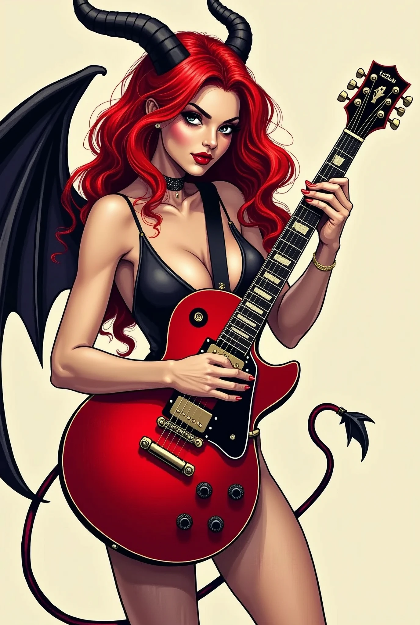 flat vector logo of a sexy Succubus with wings and tail playing guitar. She has red hair. the guitar is a red gibson 