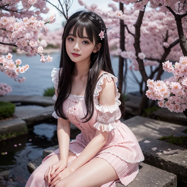 best quality, Delicate face，beautiful visual work, lifelike, eternity, black hair, Long curly hair, blunt bangs, Smile, Detailed Background, Delicate face，blush，cold，((masterpiece))、(top quality)、8k、high detail、Super detailed，31-year-old female， masterpiece、born、Scenes resembling fairy tale illustrations、intricate details和複雜的設計、Beautifully、magic、capricious、 Beautifully、Dream aesthetics、「𝓡𝓸𝓶𝓪𝓷𝓽𝓲𝓬、ethereal、charming、fickle、magic」、realism、Visual effects、FXAA、SSAO、Shader、voiceless、ambient lighting、Tone mapping、High resolution、Ultra high quality、Million pixels、(8K resolution:1.10)、8k、8k以下、8K resolution、high detail、intricate details， (high quality:1.2、masterpiece:1.2、:1.21)、(21 years old female:1.21)、(興奮地Smile)、(Surrounded by a dreamy atmosphere、Model diagram，full-body shot，Normal 2 feet，Put your hands behind you，The protrusion of the breast is visible when wearing clothes, Cherry blossoms:1.3, Wear a ****TA dress, layered dress, Pink ****ta skirt, lots of lace