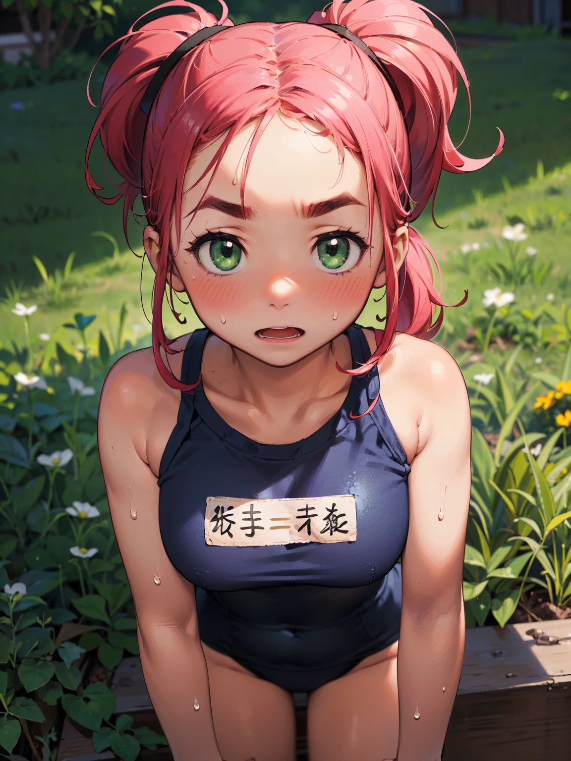 8K quality,(super masterpiece:1.3),Highest quality,Detailed Images,1 female,symmetrical beauty,10th Generation,Medium build,(Surprised expression,Troubled face,blush,bright red,Sweat),(Pink Hair,Long Hair,High Ponytail),(Thick eyebrows,Thick eyebrows),(Droopy eyes,Green Eyes,Green Eyes,Bright Eyes),(Large Breasts,F cupの胸),Tan Skin,(School Swimsuit),(Draw the whole body),(Face directly towards the camera,Looking directly at the viewer,looking at the camera,The body faces the viewer,The body is facing the direction of the camera,Face looking straight into the camera).