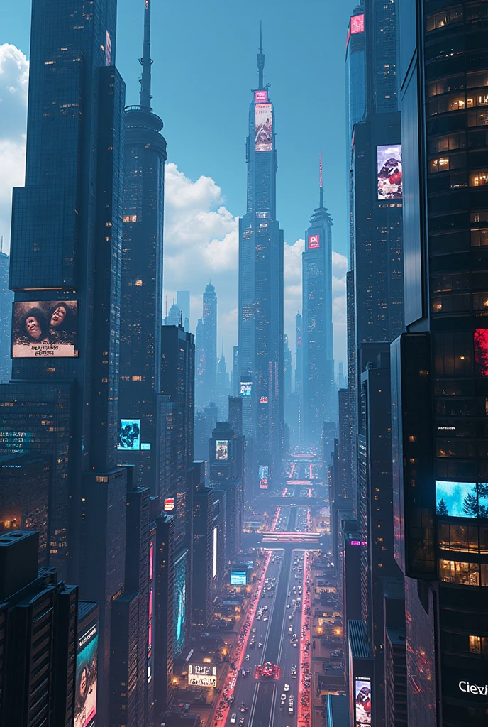 Cinematic, photorealistic, high budget sci-fi movie. A sweeping aerial shot of the mega-city Avalon. The camera moves smoothly over the futuristic skyline, showcasing the towering skyscrapers with their shimmering glass facades. The city is bathed in a sea of neon lights, with holographic advertisements projected onto the buildings.