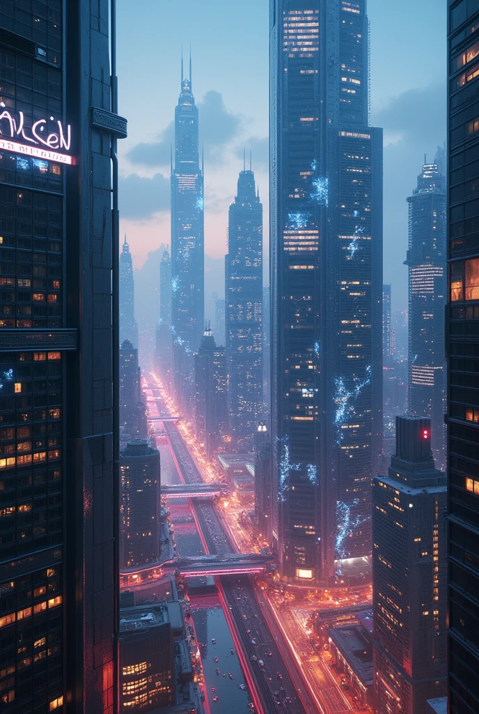 Cinematic, photorealistic, high budget sci-fi movie. A sweeping aerial shot of the mega-city Avalon. The camera moves smoothly over the futuristic skyline, showcasing the towering skyscrapers with their shimmering glass facades. The city is bathed in a sea of ​​neon lights, with holographic advertisements projected onto the buildings.