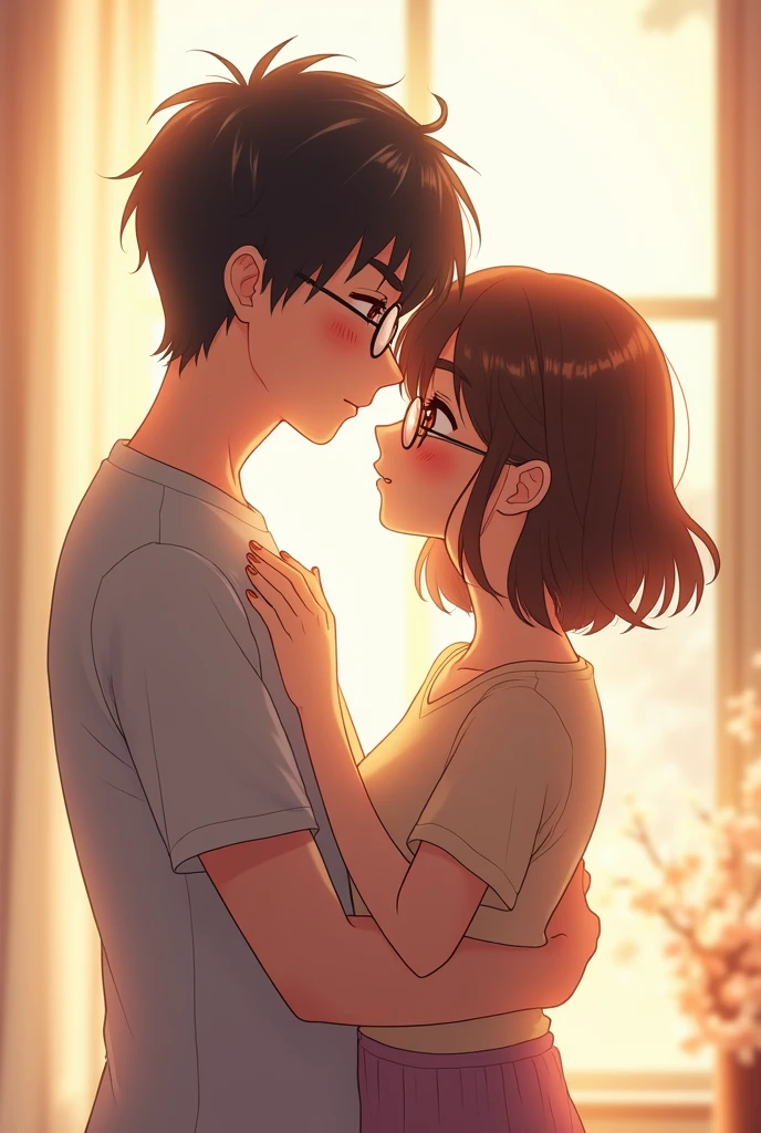 I want an anime couple with a man with thick eyebrows wearing round glasses and a girl with bangs also wearing round glasses.the two embracing 