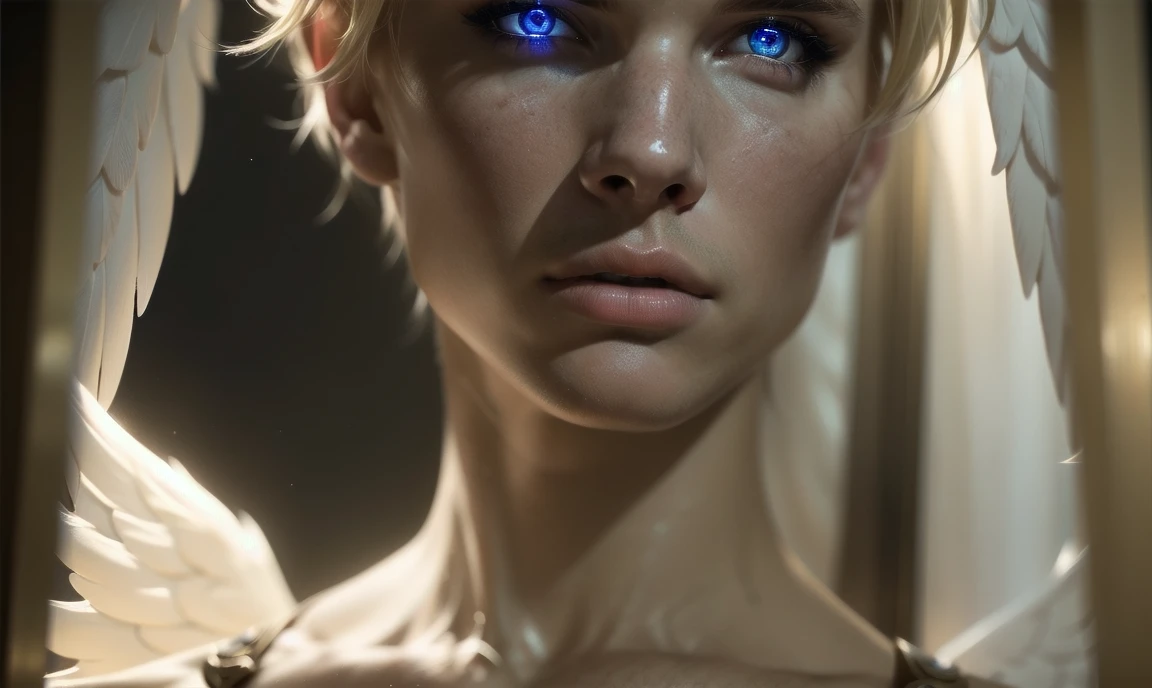 [((highly detailed, detailed eyes, detailed face, clear and realistic facial features, photorealistic, realistic light, cinematic)), (1 man), (((((Gorgeous perfect sexy powerful masculine male angel))))), (((two large white wings coming from his back))), ((faint halo)), ((((short blond hair, faintly glowing eyes with white iris)))), ((35 years old)), ((wearing flattering angelic clothes)), (((aura of divine power))), standing in a cozy apartment at nighttime, ((light blush)), (((wearing a clearly indignant expression)))]