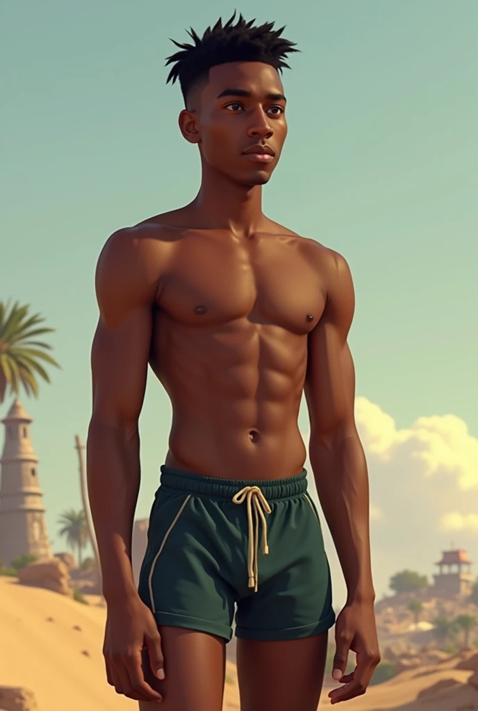 Sénégalais de 15 ans  ,nez légèrement plat ,Un peu musclé. Corps un peu musclé ,vêtement beau ,un pantalon court,cheveux dégradé 