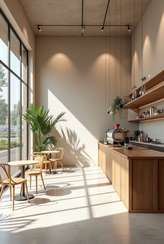 create a floor plan for a large, spacious coffee shop with neutral colors, with a place to take pictures, small bathroom, tables to sit outside and inside, the kitchen is visible so customers can see how the food is prepared
