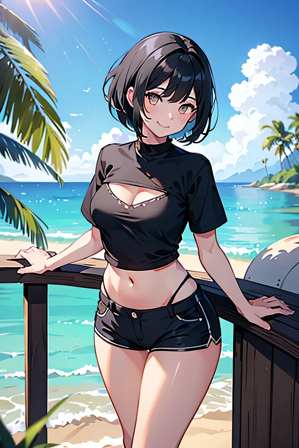 Very detailed:1.3), (figure:1.2), (Black Hair, Beautiful attention to detail)1.1, (High resolution), (alone), (1 person), Thighs , Smile , Black short hair, intake, (Solid Shirt)1.0, hot pants,Browsing Caution,Fluffy hair that shows your belly, Blonde Eyes, private style, beachside background, blue sky, Are standing