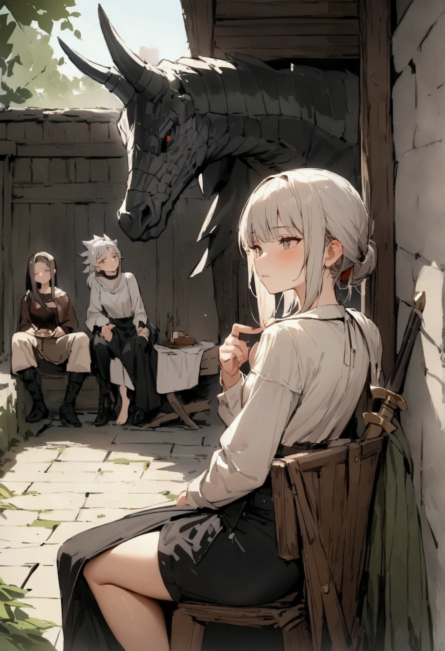 masterpiece,Highest quality,Super quality,Medieval fantasy enemies,A strong-willed young female swordsman,Playing with fellow dragons,During a break,relax