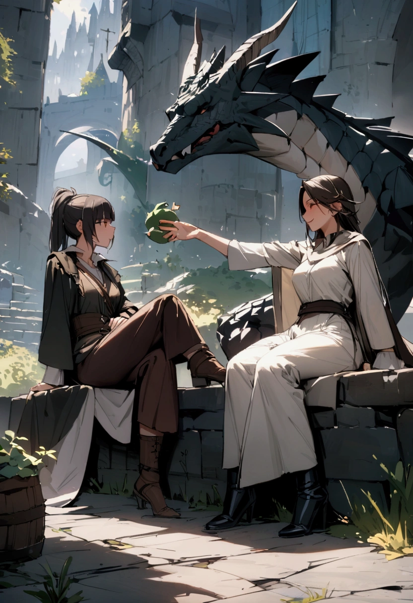 masterpiece,Highest quality,Super quality,Medieval fantasy enemies,A strong-willed young female swordsman,Playing with fellow dragons,During a break,relax